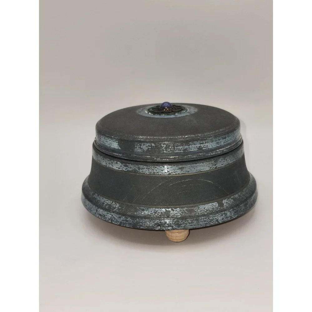 Musical Powder Box Metal Patina Blue Stone Round Footed‎ Vanity Box
